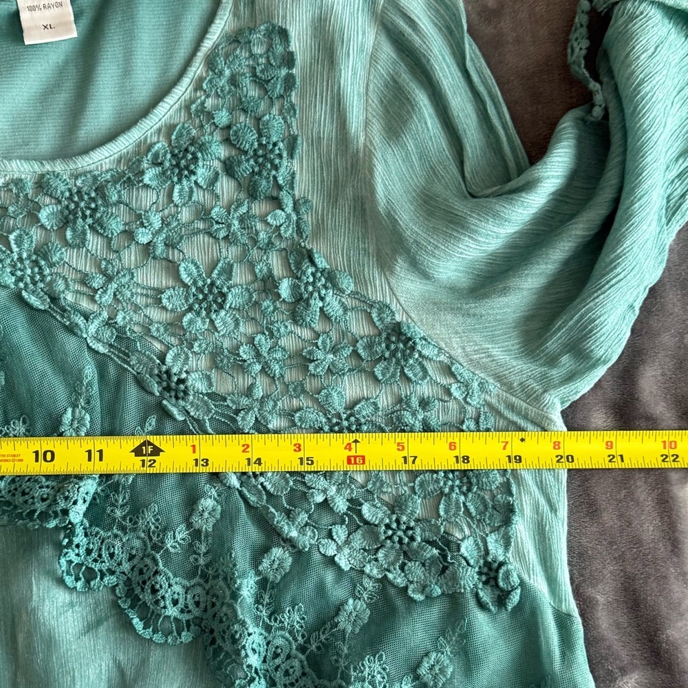 Feratelli Teal Crochet Lace Asymmetrical Chiffon Tunic XL Floral Fairy Grunge - Picture 6 of 8
